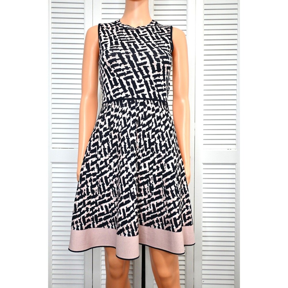 Eliza J Stretch Fit Flare Dress XS Petite Black Pink Geometric Sleeveless